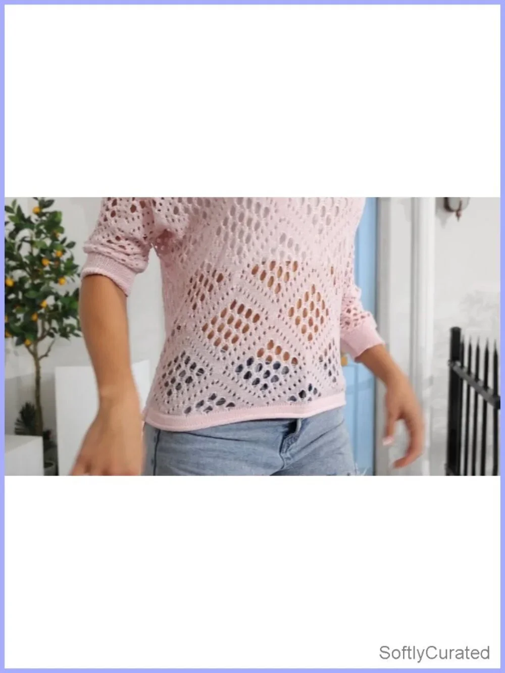 Women's Crochet Knit Pullover Hollow-Out 3/4 Batwing Sleeve Lightweight Boho